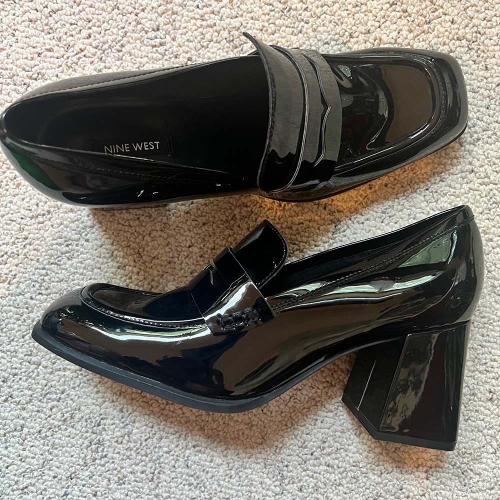 Nine West Black Patent Chunky Heel Loafers